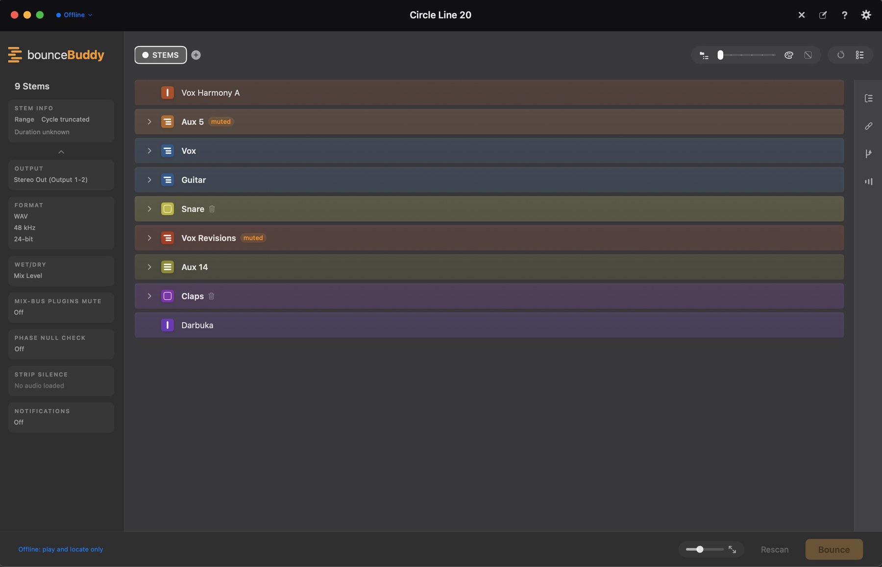 Bounce Buddy showing a scanned Logic project — nine colour-coded stems ready to bounce