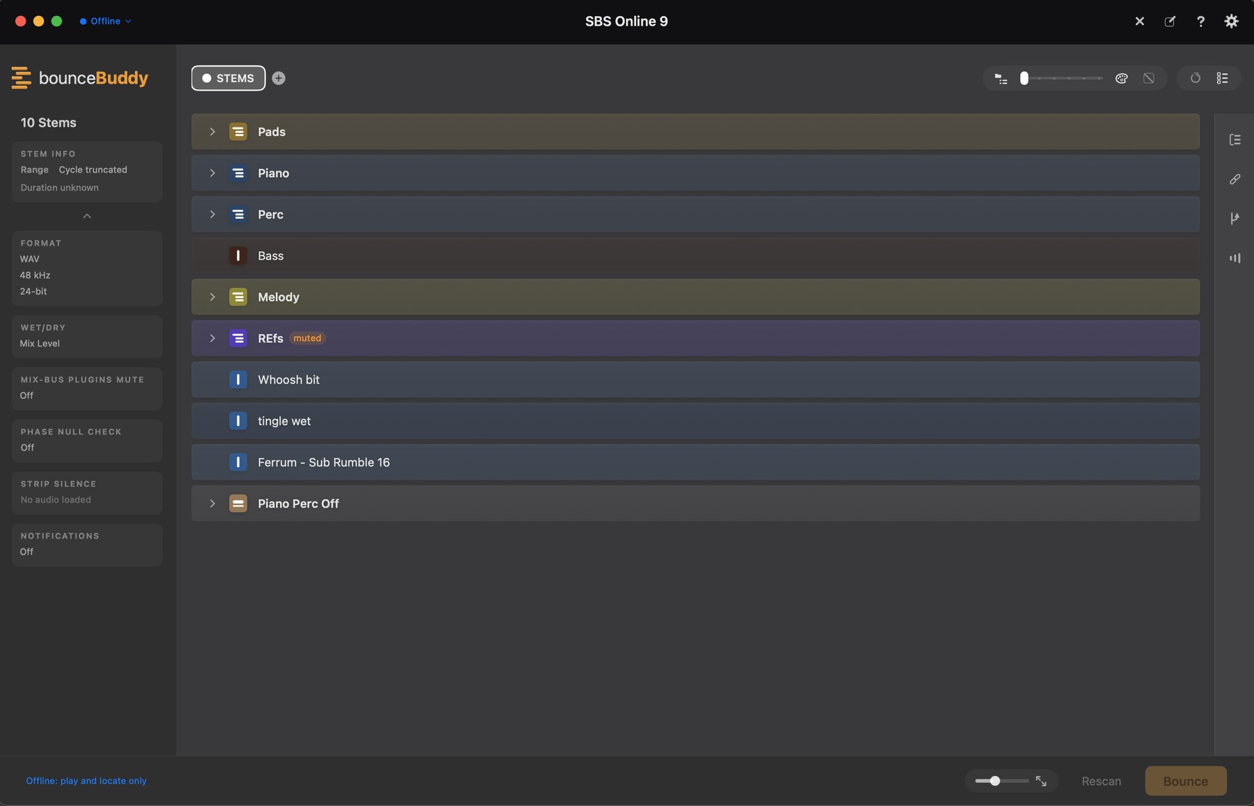 A 10-stem session mapped automatically